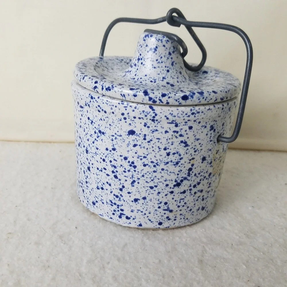 Stoneware Crock Small Blue Spatterware Lid‎ Wire Handle vintage Farmcore butter
